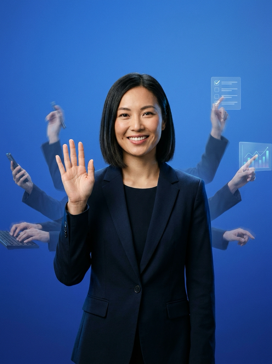 AI avatar recruiter waving hello while ghost hands multitask behind her